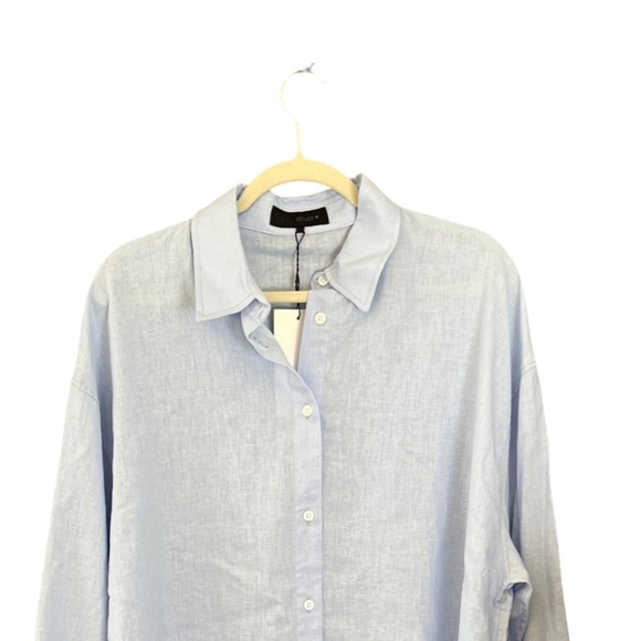 NWT ZARA Linen Tie Waist Button Blouse Blue Size L Oversized Fit - Picture 4 of 14